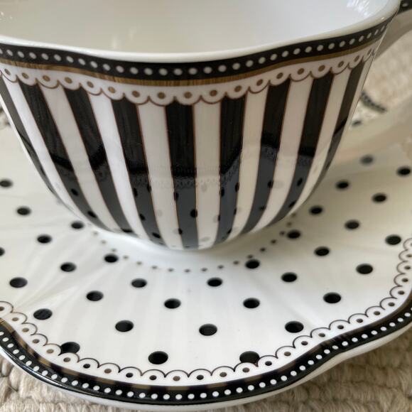 GRACE TEAWARE Black & White Striped Polka Dots Teacup and Saucer Set of 2 New - Picture 8 of 16